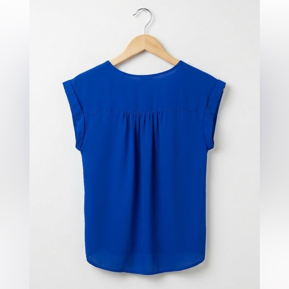 Marisol Cobalt Blue Cuffed Cap Sleeve V-Neck Sheer Blouse With Utility Pockets - Picture 3 of 4